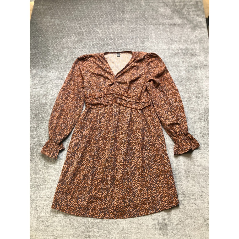 Shein A-Line Dress womens XL Blue Brown Leopard Print V Neck Ruffle Long Sleeve